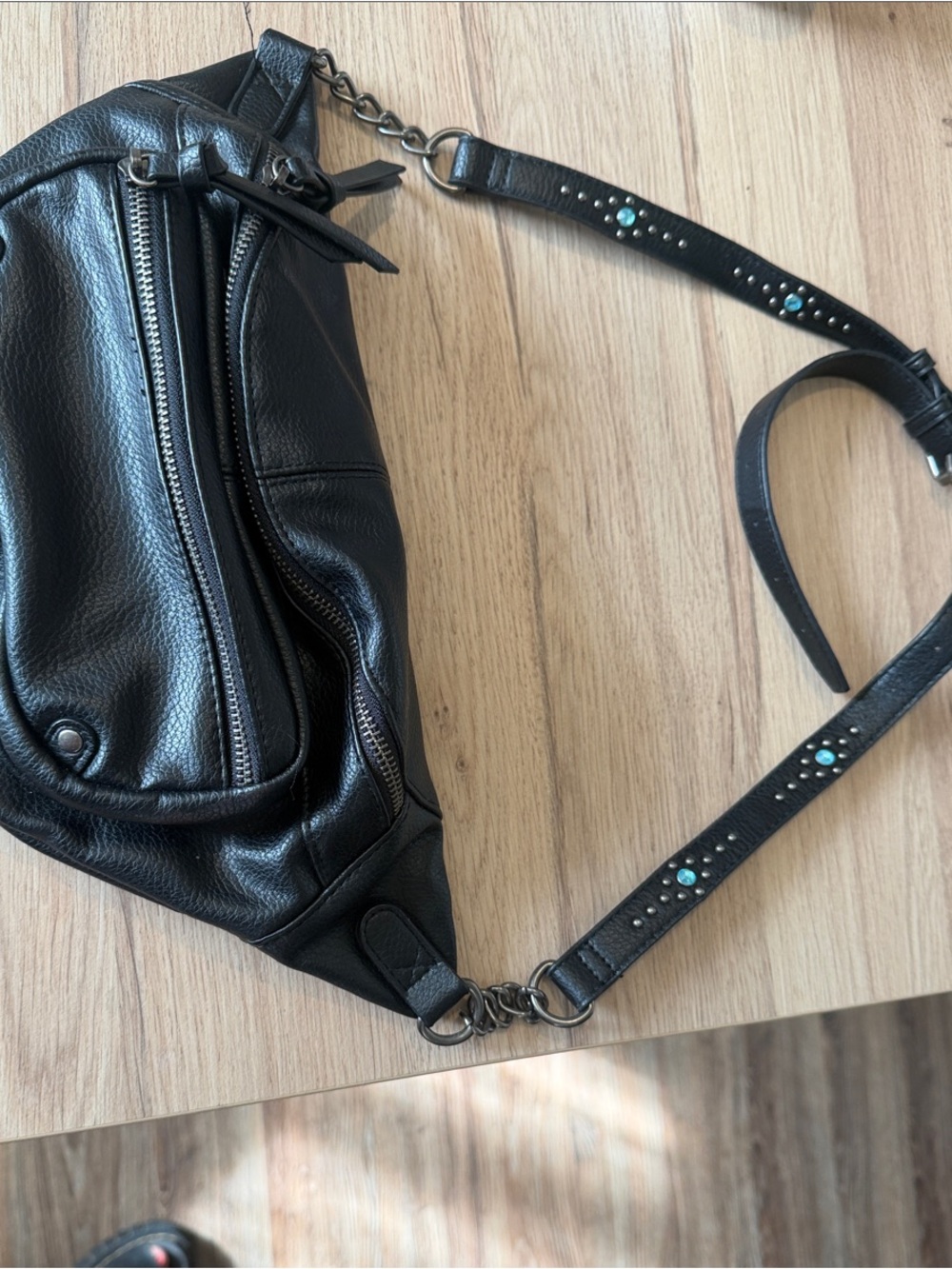 Black Leather Crossbody Belt Bag with Studded Blue crystal Accents